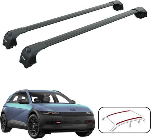 قضبان متقاطعة لرف السقف لشركة Hyundai Ioniq 5 (2025–Up) - تناسب قضبان السقف المتدفقة/المدمجة، حامل مشبك السكك الحديدية، سعة 330 رطلاً، قضبان فتحة T من الألومنيوم، قابلة للقفل، تركيب عالي التحمل بدون حفر (أسود) in Kuwait