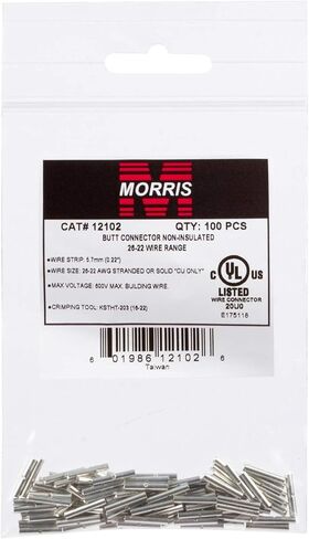 Morris Products Non-Insulated Butt Splice Connectors – for Electrical Splicing – Corrosion-Resistant, Electrolytic Tubular Copper – 26-22 Wire Range – cULus Listed– Pack of 100, (12102) in Saudi Arabia