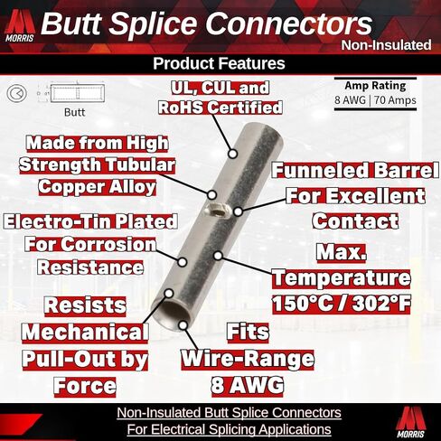 Morris Products Non-Insulated Butt Splice Connectors – for Electrical Splicing – Corrosion-Resistant, Electrolytic Tubular Copper – 26-22 Wire Range – cULus Listed– Pack of 100, (12102) in Saudi Arabia