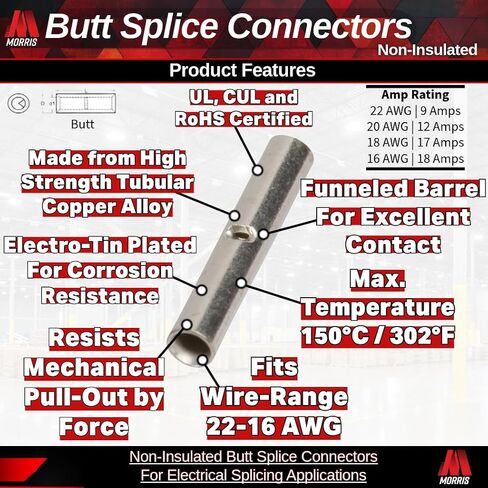 Morris Products Non-Insulated Butt Splice Connectors – for Electrical Splicing – Corrosion-Resistant, Electrolytic Tubular Copper – 26-22 Wire Range – cULus Listed– Pack of 100, (12102) in Saudi Arabia