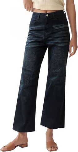 Wide Leg High Waisted Jeans for Women Trendy Stretchy Cropped Straight Leg Flare Jeans Frayed Hem Baggy Denim Pants in Kuwait