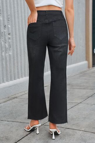 Wide Leg High Waisted Jeans for Women Trendy Stretchy Cropped Straight Leg Flare Jeans Frayed Hem Baggy Denim Pants in Kuwait