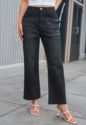 Wide Leg High Waisted Jeans for Women Trendy Stretchy Cropped Straight Leg Flare Jeans Frayed Hem Baggy Denim Pants in Kuwait