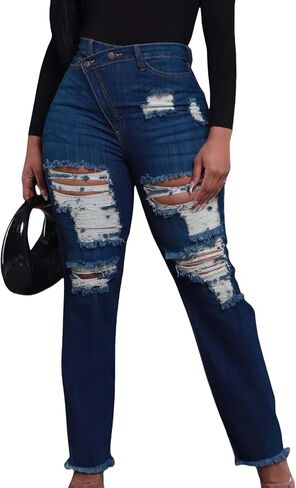 Women's High Waisted Skinny Ripped Jeans Boyfriend Asymmetrical Stretchy Jeans Distressed Denim Pants in Saudi Arabia