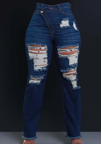 Women's High Waisted Skinny Ripped Jeans Boyfriend Asymmetrical Stretchy Jeans Distressed Denim Pants in Saudi Arabia
