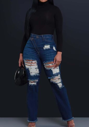 Women's High Waisted Skinny Ripped Jeans Boyfriend Asymmetrical Stretchy Jeans Distressed Denim Pants in Saudi Arabia