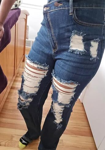 Women's High Waisted Skinny Ripped Jeans Boyfriend Asymmetrical Stretchy Jeans Distressed Denim Pants in Saudi Arabia