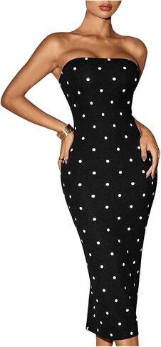 WDIRARA Women's Polka Dots Strapless Tube Dress Cocktail Party Bodycon Midi Dresses in Saudi Arabia