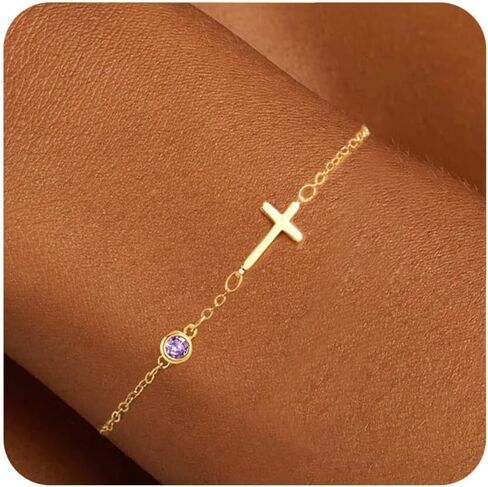 Dainty Birthstone Gold Cross Bracelets for Women Trendy 14K Real Gold Plated Inspirational Religious Faith Small Cross Bracelet Christian Baptism Birthday Gift for Women Minimalist Non Tarnish Jewelry in Saudi Arabia