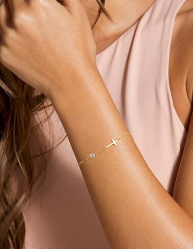 Dainty Birthstone Gold Cross Bracelets for Women Trendy 14K Real Gold Plated Inspirational Religious Faith Small Cross Bracelet Christian Baptism Birthday Gift for Women Minimalist Non Tarnish Jewelry in Saudi Arabia