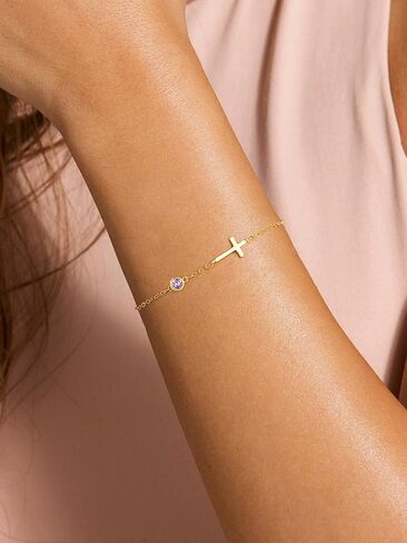 Dainty Birthstone Gold Cross Bracelets for Women Trendy 14K Real Gold Plated Inspirational Religious Faith Small Cross Bracelet Christian Baptism Birthday Gift for Women Minimalist Non Tarnish Jewelry in Saudi Arabia