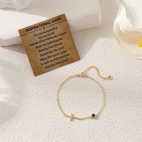 Dainty Birthstone Gold Cross Bracelets for Women Trendy 14K Real Gold Plated Inspirational Religious Faith Small Cross Bracelet Christian Baptism Birthday Gift for Women Minimalist Non Tarnish Jewelry in Saudi Arabia