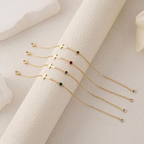 Dainty Birthstone Gold Cross Bracelets for Women Trendy 14K Real Gold Plated Inspirational Religious Faith Small Cross Bracelet Christian Baptism Birthday Gift for Women Minimalist Non Tarnish Jewelry in Saudi Arabia