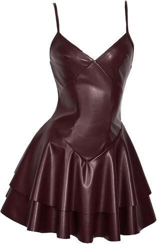 SHENHE Women's Y2k PU Leather Ruffle Flare Mini Dress Layered Spaghetti Strap Concert Club Dress in Saudi Arabia