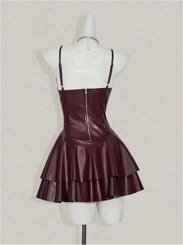 SHENHE Women's Y2k PU Leather Ruffle Flare Mini Dress Layered Spaghetti Strap Concert Club Dress in Saudi Arabia