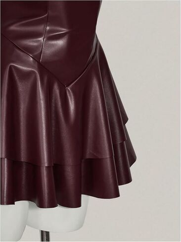 SHENHE Women's Y2k PU Leather Ruffle Flare Mini Dress Layered Spaghetti Strap Concert Club Dress in Saudi Arabia