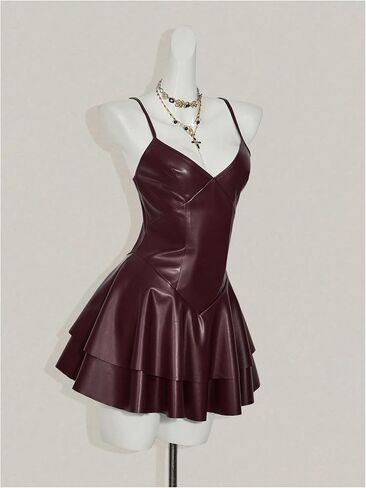 SHENHE Women's Y2k PU Leather Ruffle Flare Mini Dress Layered Spaghetti Strap Concert Club Dress in Saudi Arabia