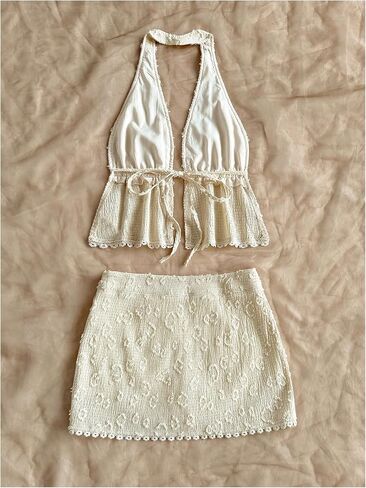 MakeMeChic Women's 2 Piece Y2k Outfits Backless Halter Crop Tops and Bodycon Skirt Set in Saudi Arabia