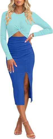 فساتين Oten النسائية الكاجوال بأكمام طويلة وفتحة أمامية وفتحة جانبية مضلعة للحفلات متوسطة الطول in Kuwait