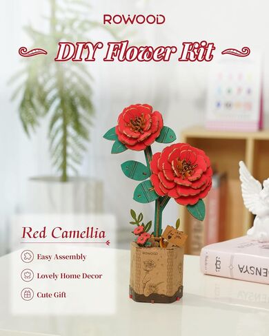 rowood 3D Puzzle Artifical Flower,DIY Wooden Flower Craft Kit for Kids,Mother's Day/Valentine's Day/Teacher's Day/Thanksgiving Day/Christmas/Birthday Gift for Mom/Women/Grandma/Wife/Her-Red Camellia in Kuwait