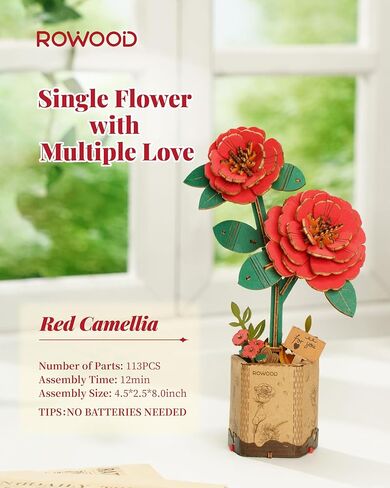rowood 3D Puzzle Artifical Flower,DIY Wooden Flower Craft Kit for Kids,Mother's Day/Valentine's Day/Teacher's Day/Thanksgiving Day/Christmas/Birthday Gift for Mom/Women/Grandma/Wife/Her-Red Camellia in Kuwait