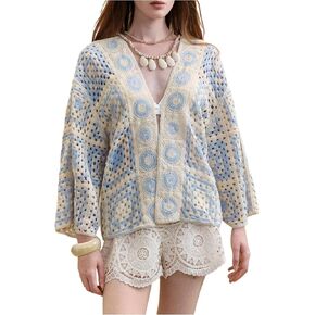 OYOANGLE Women's Color Block Wrap V Neck Crochet Cardigan Boho Hollow Out Knit Kimono Outerwear in Saudi Arabia