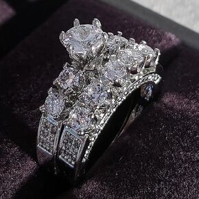 2-Pc Set of Silver Color Round Cubic Zirconia Rings for Women Luxury Wedding Jewelry in Saudi Arabia