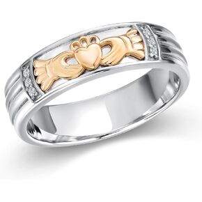 Gem Stone King 925 Silver and 10K Yellow Gold White Lab Grown Diamond Irish Claddagh Ring | Friendship Love Marriage Celtic Lucky Jewelry Birthday Promise Ring | Available in Sizes 7 to 13 in Saudi Arabia