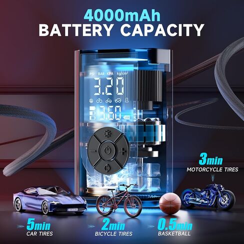 Tire Inflator Portable Air Compressor, 150 PSI Air Pump for Car Tires with Digital Pressure Gauge, LED Light and Auto Shut-Off Function, Portable Air Inflator for Car/Motorcycle/Bike/Balls and More in Saudi Arabia