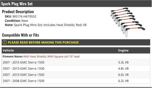 Red Spark Plug Wire Set with Heat Shields - Compatible with 2007-2015 GMC Sierra 1500 V8 Gas With Square Coil with 10 Inch Lead in Saudi Arabia