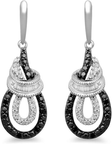 Jewelili Sterling Silver 1/4 Cttw Natural Black and White Round Diamonds Dangle Earrings in Saudi Arabia
