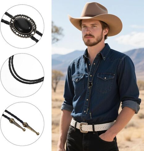 Bolo Tie for Men Western Cowboy, Handmade Round Bola Tie Fashion Accessories Leather Cord Black Turquoise in Saudi Arabia