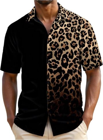 Men's Leopard Print Tops Button Down Short Sleeve Summer Cheetah Shirts Casual Trendy Top in Saudi Arabia