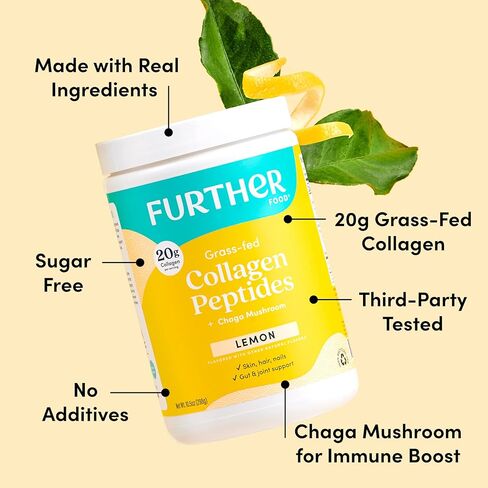 Further Food Lemon Collagen Peptides Powder, Grass-Fed Pasture-Raised Hydrolyzed Type 1 & 3 Protein, Gut Health + Joint, Hair, Skin, Nails, Paleo Keto Sugar-Free 10.50 oz in Kuwait