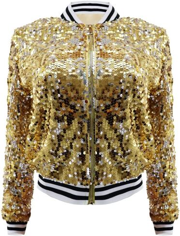 سترة Yolsun النسائية بالترتر، معطف سترة Mardi Gras Sparkle Bomber بأكمام طويلة للبالغين لحفلات الكرنفال in Kuwait