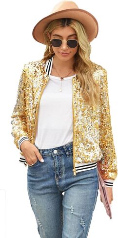 سترة Yolsun النسائية بالترتر، معطف سترة Mardi Gras Sparkle Bomber بأكمام طويلة للبالغين لحفلات الكرنفال in Kuwait