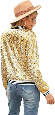 سترة Yolsun النسائية بالترتر، معطف سترة Mardi Gras Sparkle Bomber بأكمام طويلة للبالغين لحفلات الكرنفال in Kuwait
