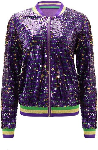 سترة Yolsun النسائية بالترتر، معطف سترة Mardi Gras Sparkle Bomber بأكمام طويلة للبالغين لحفلات الكرنفال in Kuwait