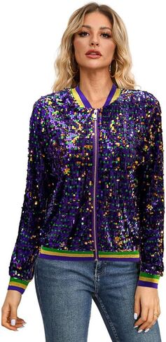 سترة Yolsun النسائية بالترتر، معطف سترة Mardi Gras Sparkle Bomber بأكمام طويلة للبالغين لحفلات الكرنفال in Kuwait