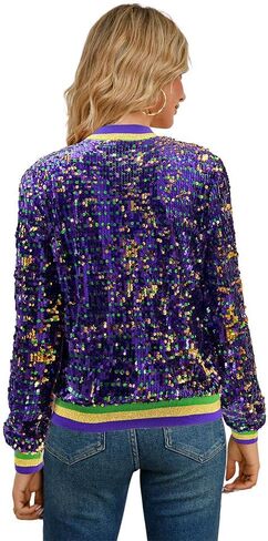 سترة Yolsun النسائية بالترتر، معطف سترة Mardi Gras Sparkle Bomber بأكمام طويلة للبالغين لحفلات الكرنفال in Kuwait