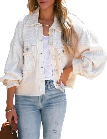 Womens Cropped Waffle Knit Shirt Jacket Long Sleeve Button Down Boyfriend Shacket Jacket Tops in Kuwait