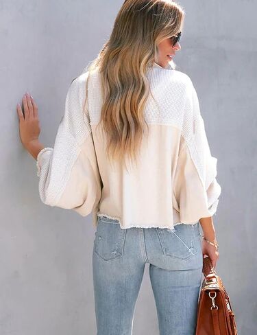 Womens Cropped Waffle Knit Shirt Jacket Long Sleeve Button Down Boyfriend Shacket Jacket Tops in Kuwait