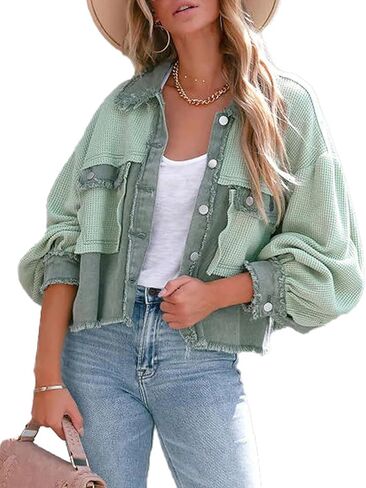 Womens Cropped Waffle Knit Shirt Jacket Long Sleeve Button Down Boyfriend Shacket Jacket Tops in Kuwait