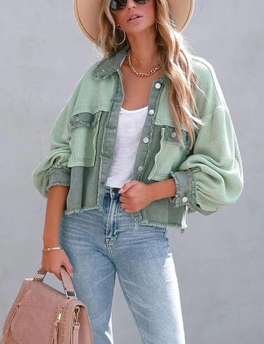 Womens Cropped Waffle Knit Shirt Jacket Long Sleeve Button Down Boyfriend Shacket Jacket Tops in Kuwait