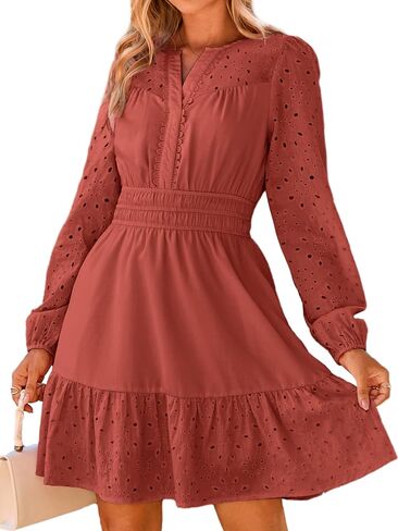 Simplee Womens Eyelet Long Sleeve Mini Dress 2025 Fall Boho Embroidery V Neck A Line Casual Short Party Dresses in Saudi Arabia