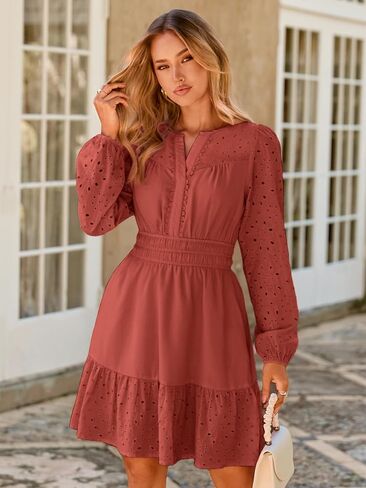 Simplee Womens Eyelet Long Sleeve Mini Dress 2025 Fall Boho Embroidery V Neck A Line Casual Short Party Dresses in Saudi Arabia
