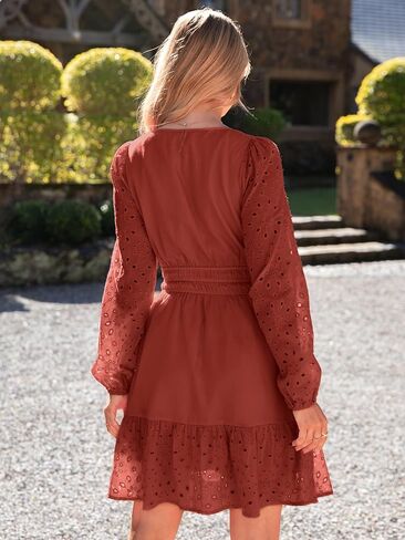 Simplee Womens Eyelet Long Sleeve Mini Dress 2025 Fall Boho Embroidery V Neck A Line Casual Short Party Dresses in Saudi Arabia