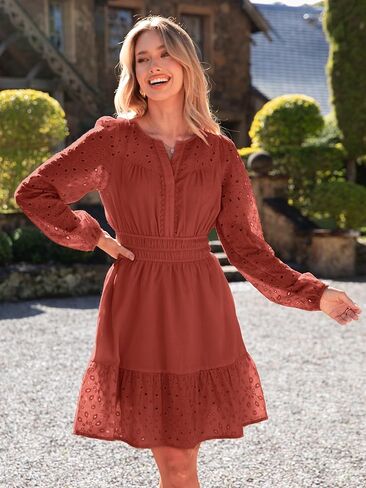 Simplee Womens Eyelet Long Sleeve Mini Dress 2025 Fall Boho Embroidery V Neck A Line Casual Short Party Dresses in Saudi Arabia