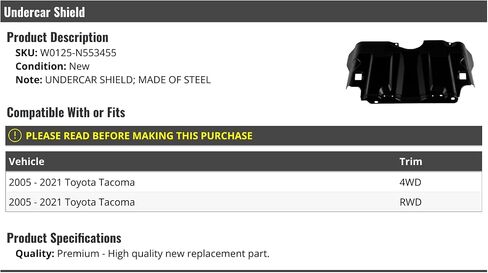 Lower Undercar Engine Shield Cover - Compatible with 2005-2021 Toyota Tacoma in Saudi Arabia