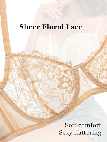 Women's Balconette Lace Bra Sexy Unlined Sheer Bras Demi See Through Underwire Lift Bralette in Saudi Arabia